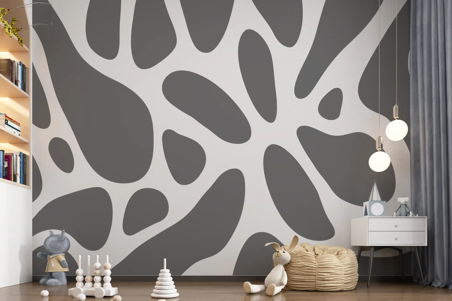 Neutral organic pattern behind a relaxed Nursery area, Fluid Shapes wall mural GD10805
