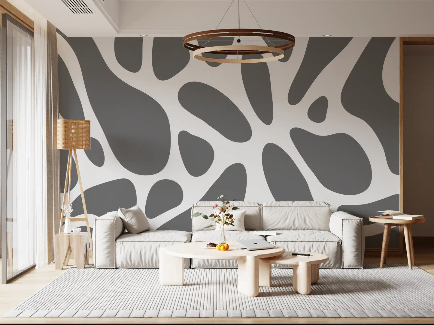 Warm Living room styled with organic fluid shapes, gray wall mural GD10805
