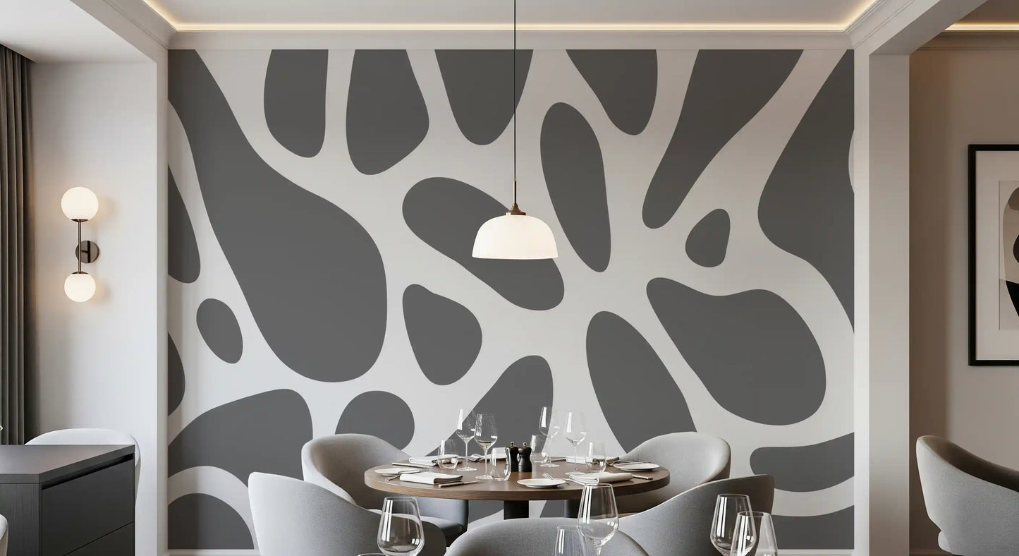 Bold rounded forms fill a modern Dining room, Gray Abstract fluid wall mural GD10805