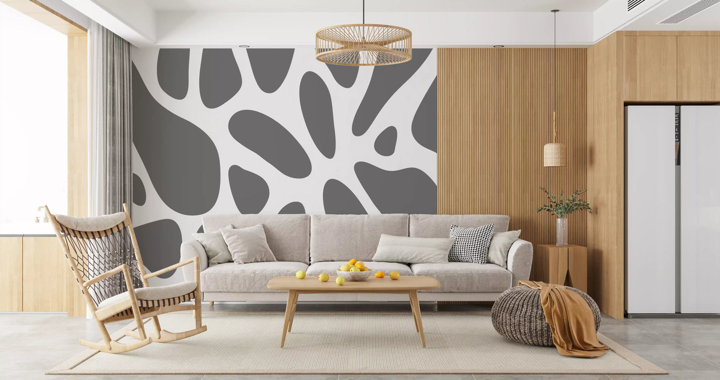 White channels weave between gray blobs on the fluid shapes wall mural, GD10805
