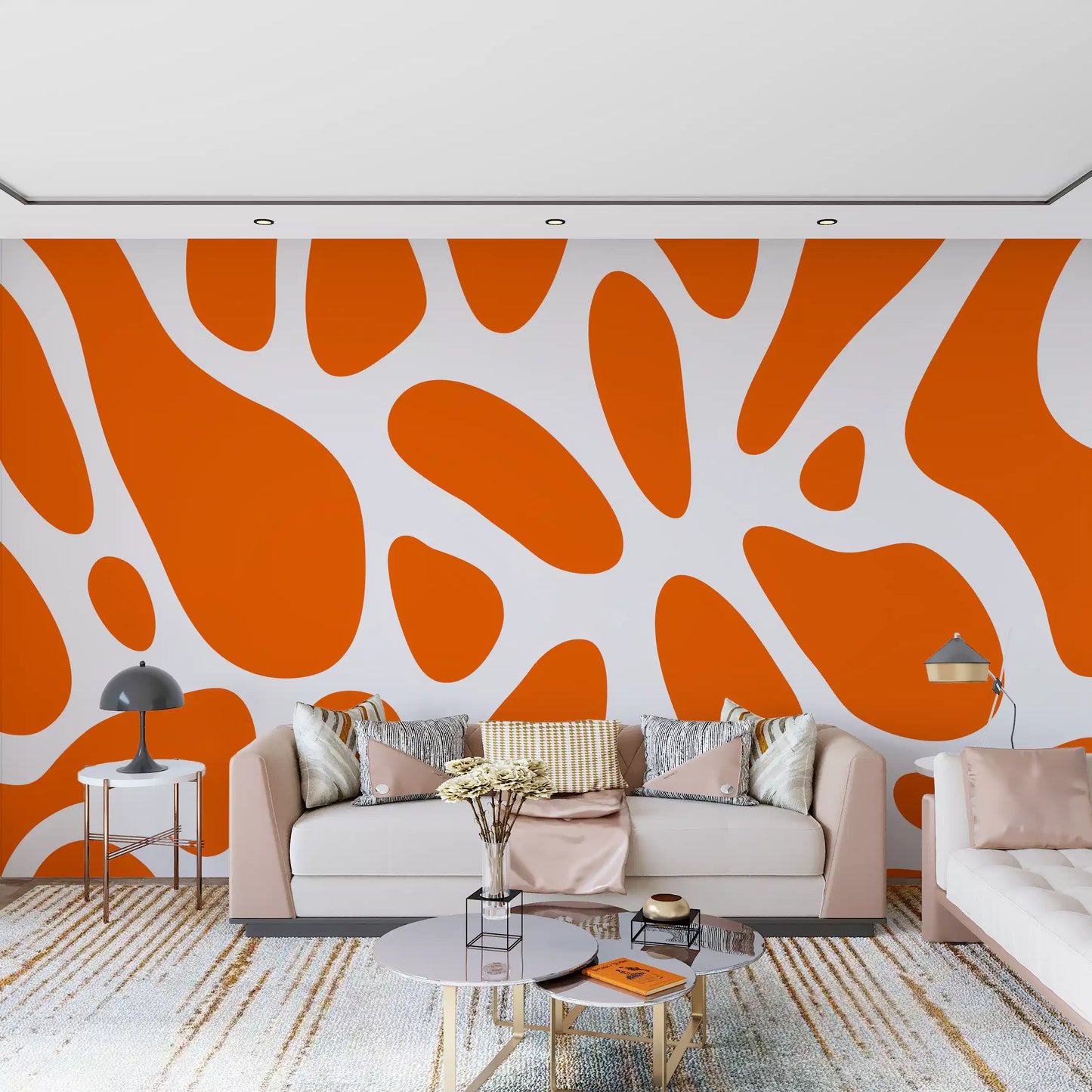 Warm orange and white pair on a retro flow wall mural, GD10806
