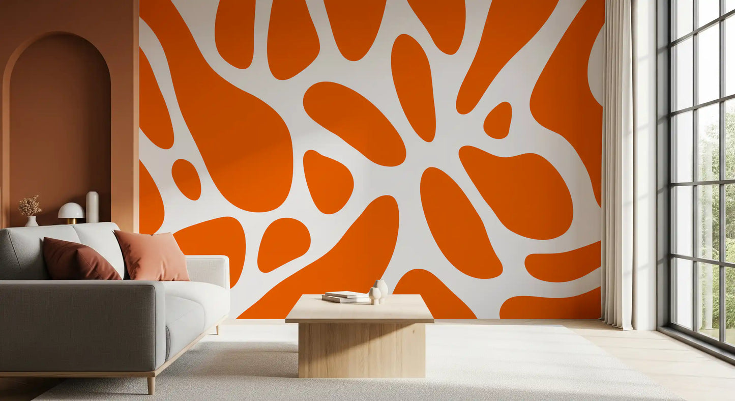 Curvy orange forms flow over a calm lounge wall mural, GD10806
