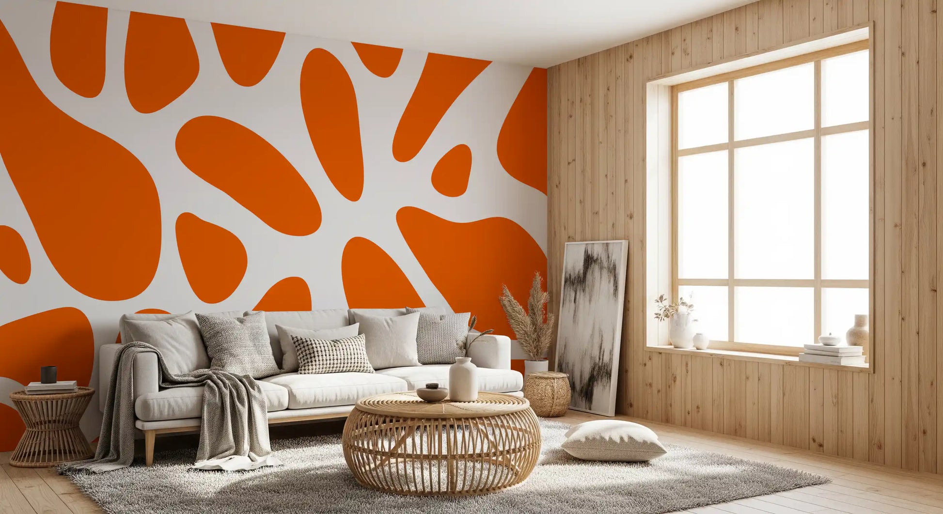 Playful retro energy fills a Living room behind the tangerine wall mural, GD10806
