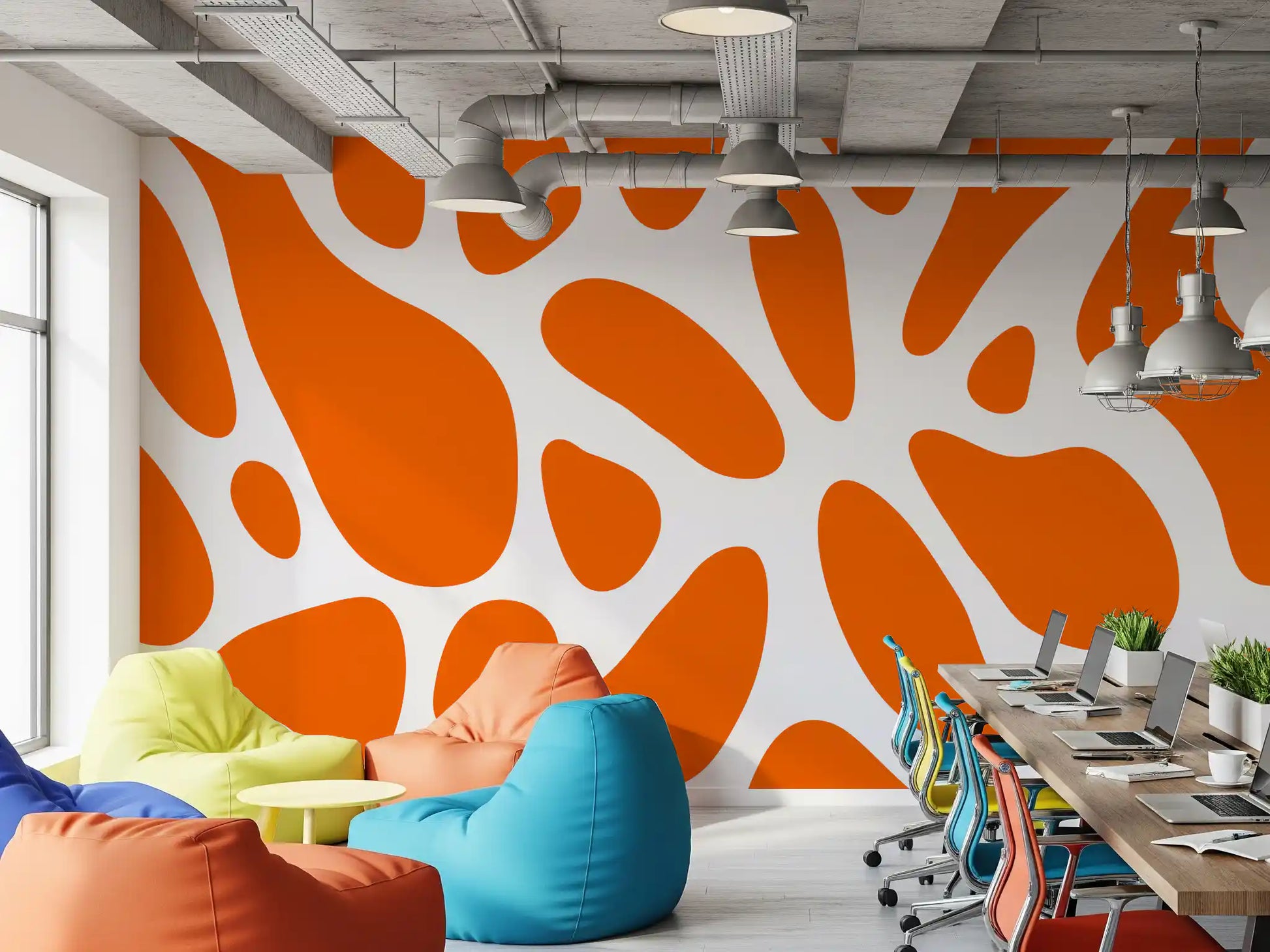 Rounded shapes link into the tangerine flow wall mural, GD10806
