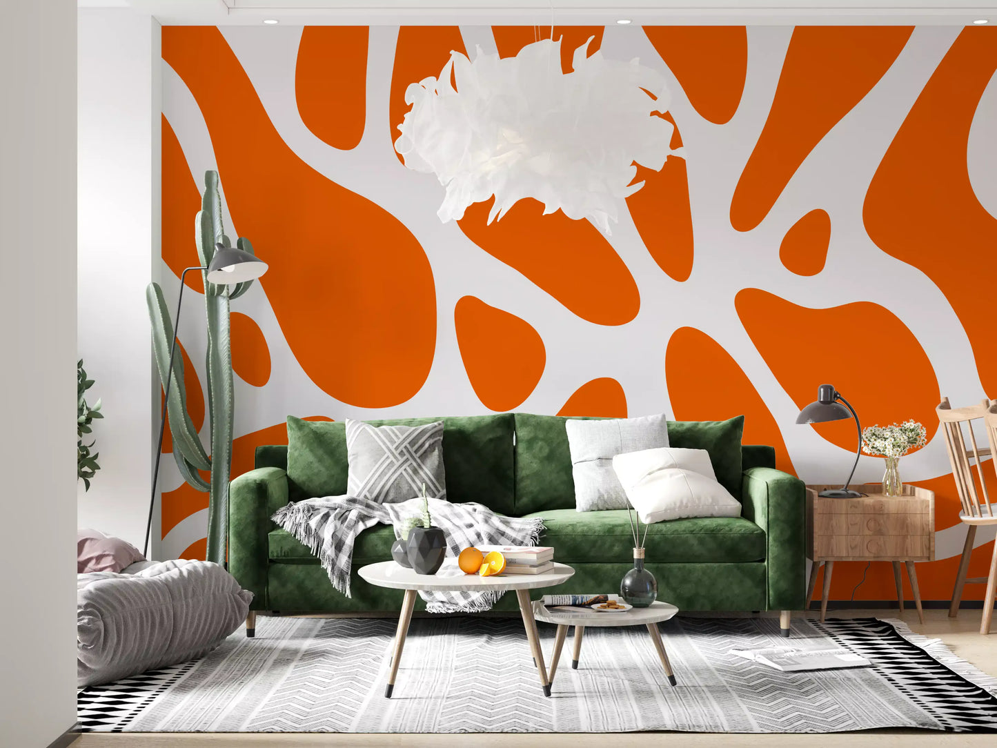 Organic orange cutouts scattered over a white wall mural, GD10806
