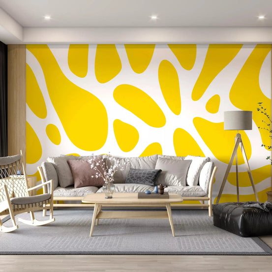 Yellow organic shapes give a living room a sunny Sunlit Flow wall mural GD10807
