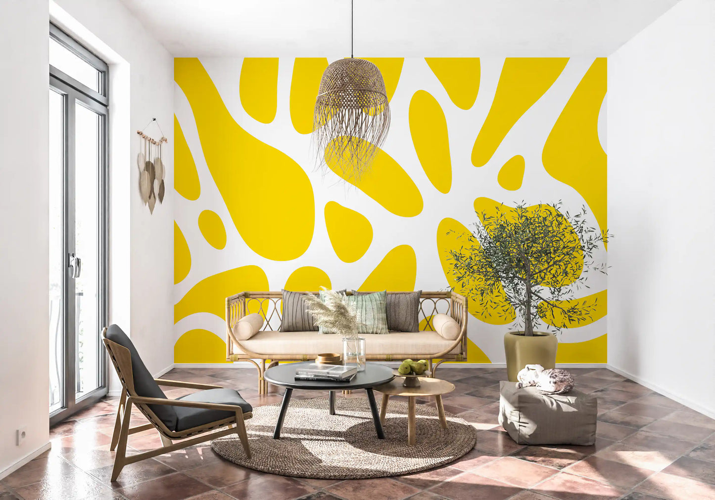 Bold yellow shapes lift a Living room  through the Sunlit Flow wall mural GD10807
