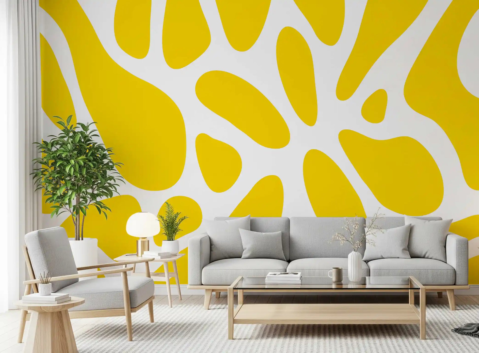 Sunny yellow shapes on white warm a Living room as a Sunlit Flow wall mural GD10807
