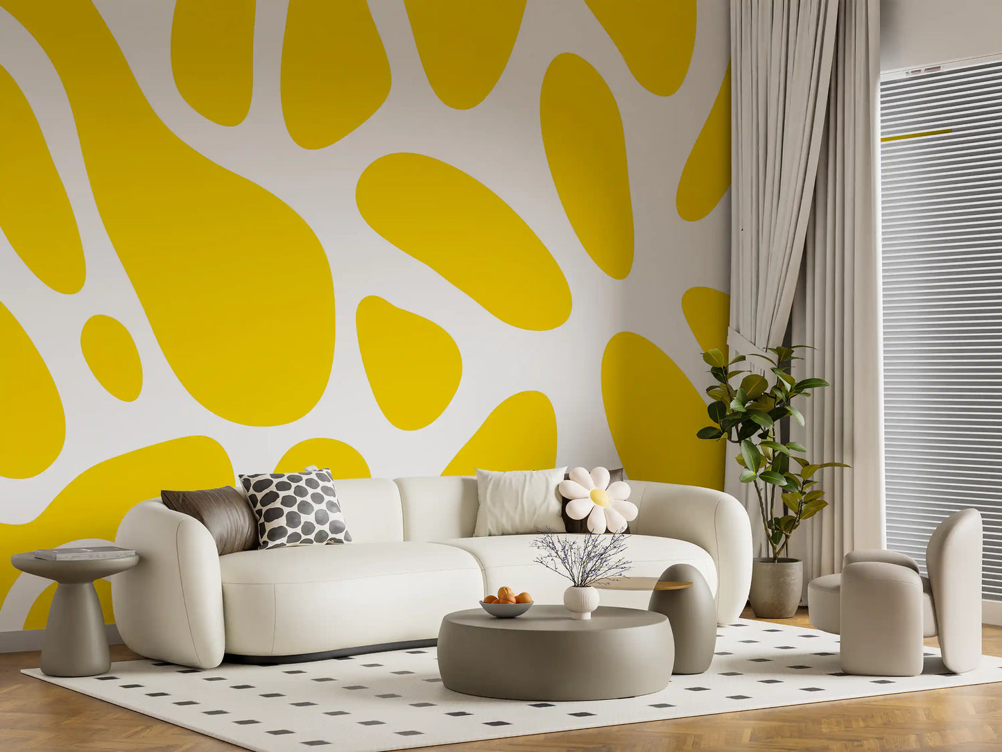 Curved yellow forms scatter across a relaxed lounge in this abstract wall mural GD10807
