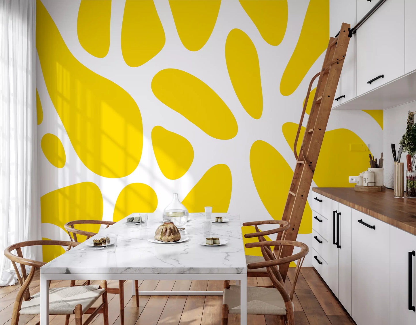 Rounded yellow shapes float on white across this Sunlit Flow wall mural GD10807
