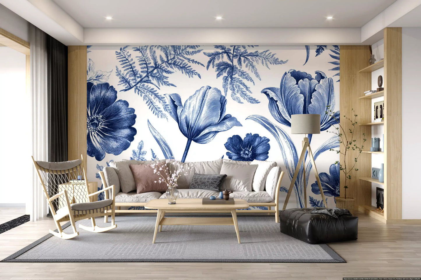 Vintage Indigo Tulip and Fern Botanical Wall Mural