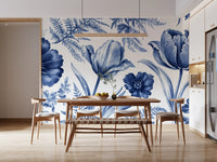 Vintage Indigo Tulip and Fern Botanical Wall Mural