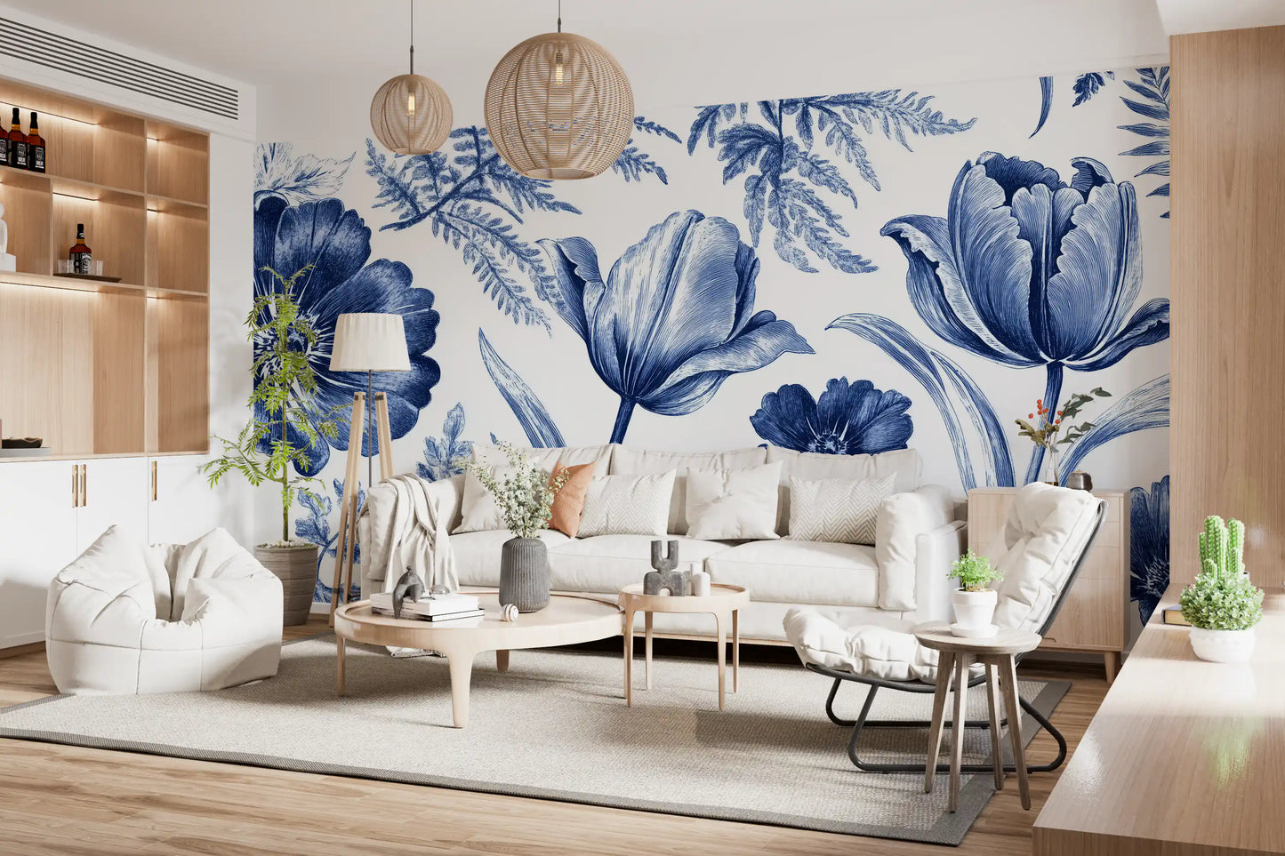 Vintage Indigo Tulip and Fern Botanical Wall Mural