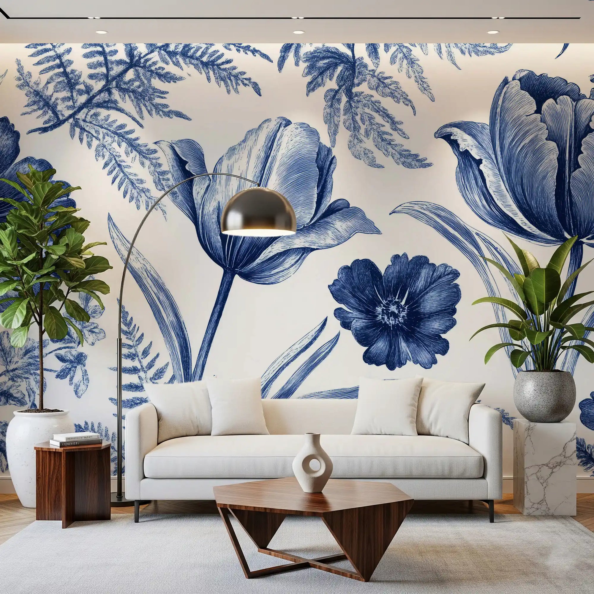 Indigo tulips and ferns fill a living room in the Vintage Botanical wall mural, GD10808
