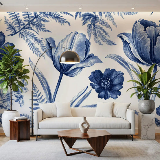 Indigo tulips and ferns fill a living room in the Vintage Botanical wall mural, GD10808
