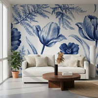 Vintage Indigo Tulip and Fern Botanical Wall Mural