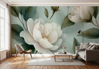 Serene Sage White Peonies Floral Wall Mural