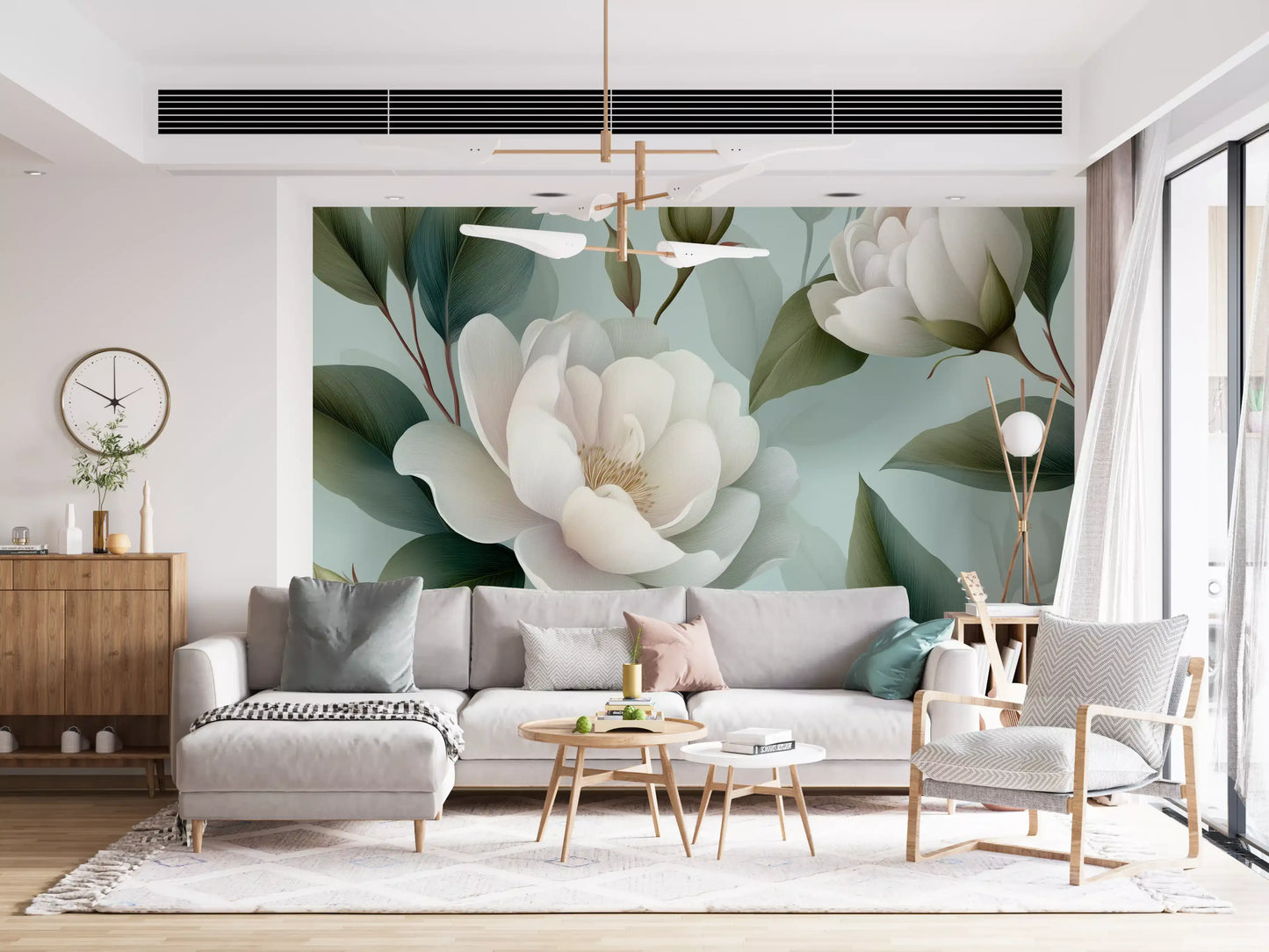 Serene Sage White Peonies Floral Wall Mural