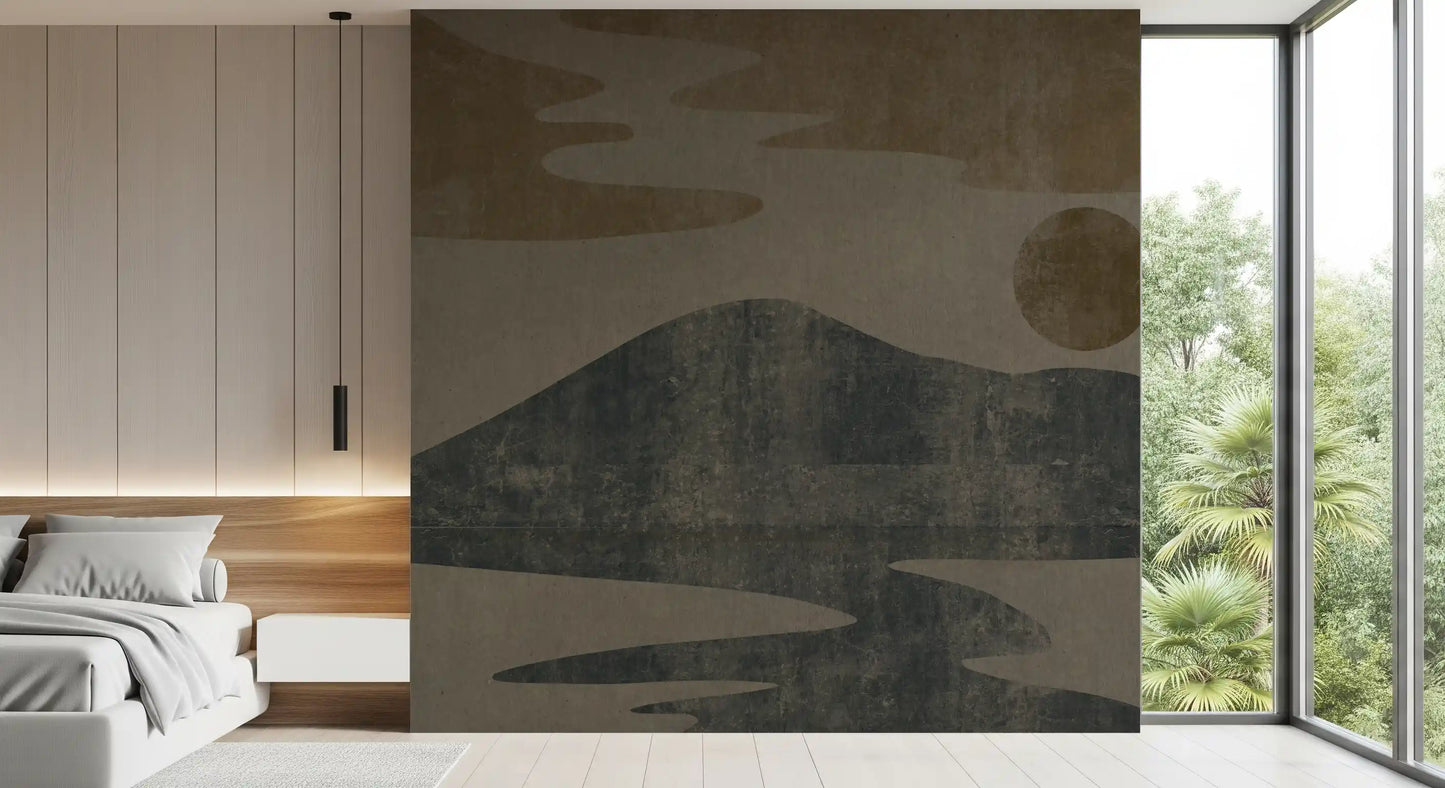Ochre sky glows above charcoal hills in this Wabi-Sabi wall mural GD10812
