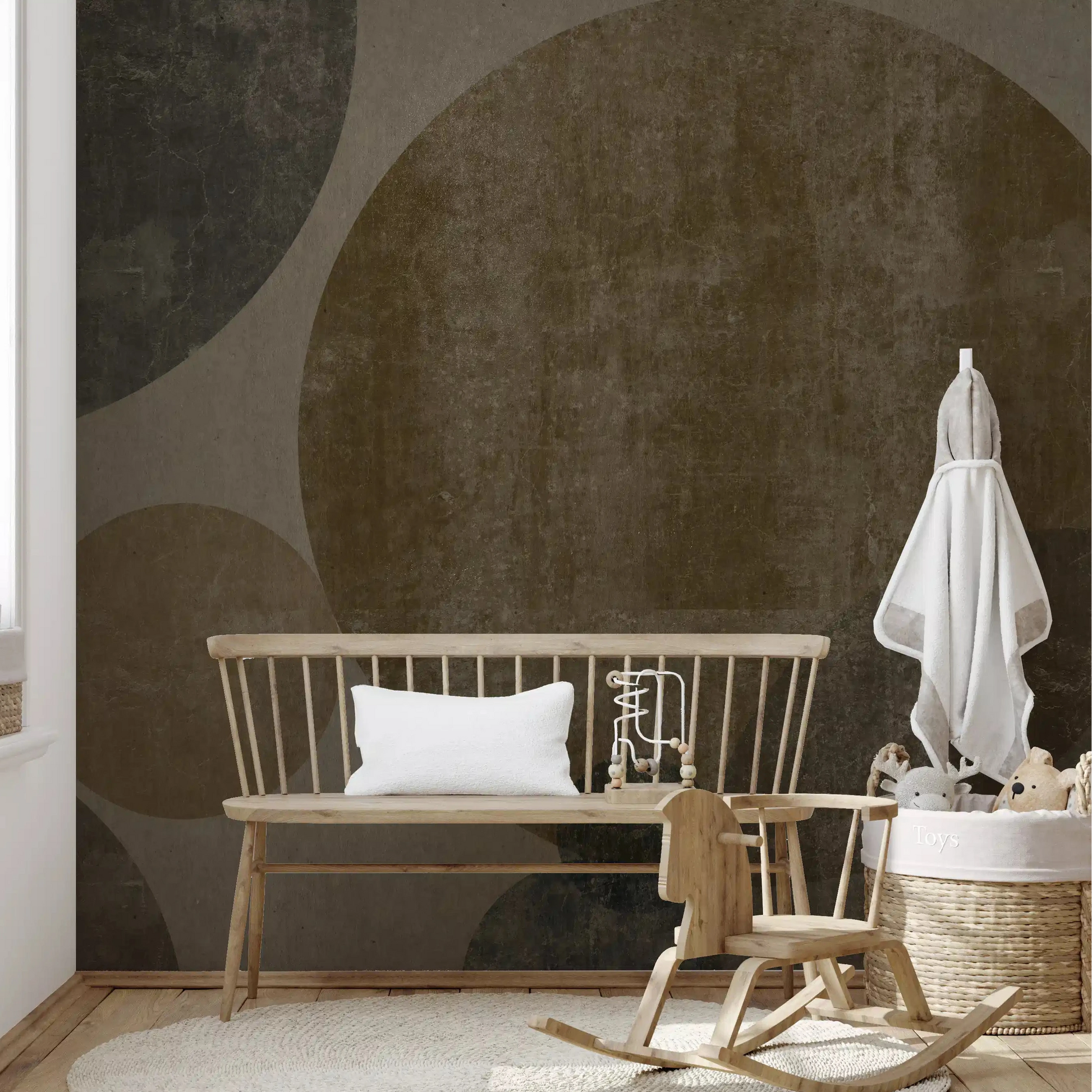 Big brown circles wrap a Nursery area, shown in Concrete Spheres wall mural, GD10813
