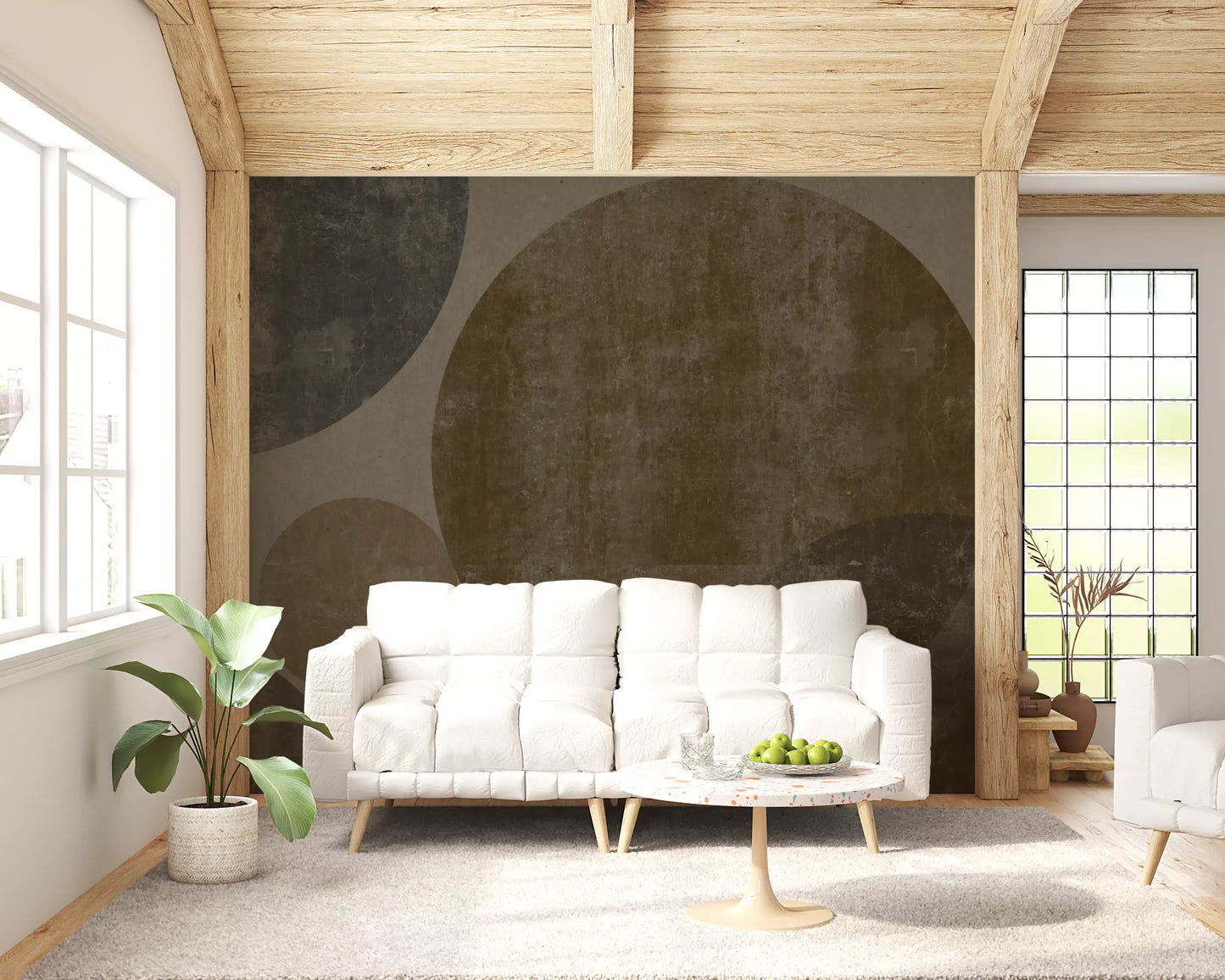 Muted taupe orbs set a lounge tone in this Industrial Geometric wall mural, GD10813
