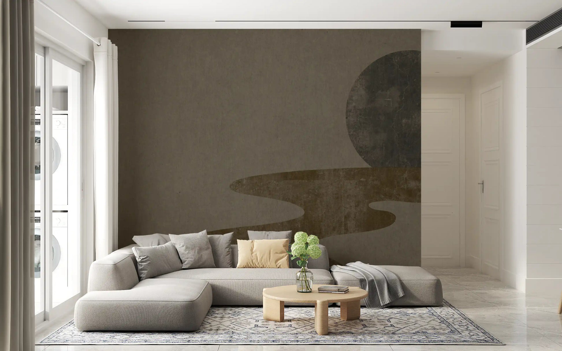 A hallway gains a quiet focus from the Zen Dusk wall mural GD10814
