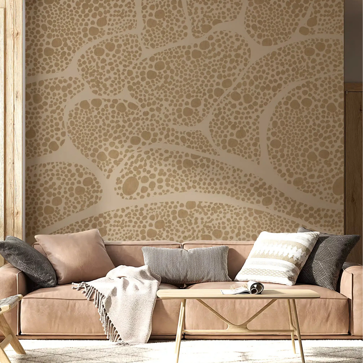 Beige pebble cells wrap a calm Living room in this textured wall mural, GD10815
