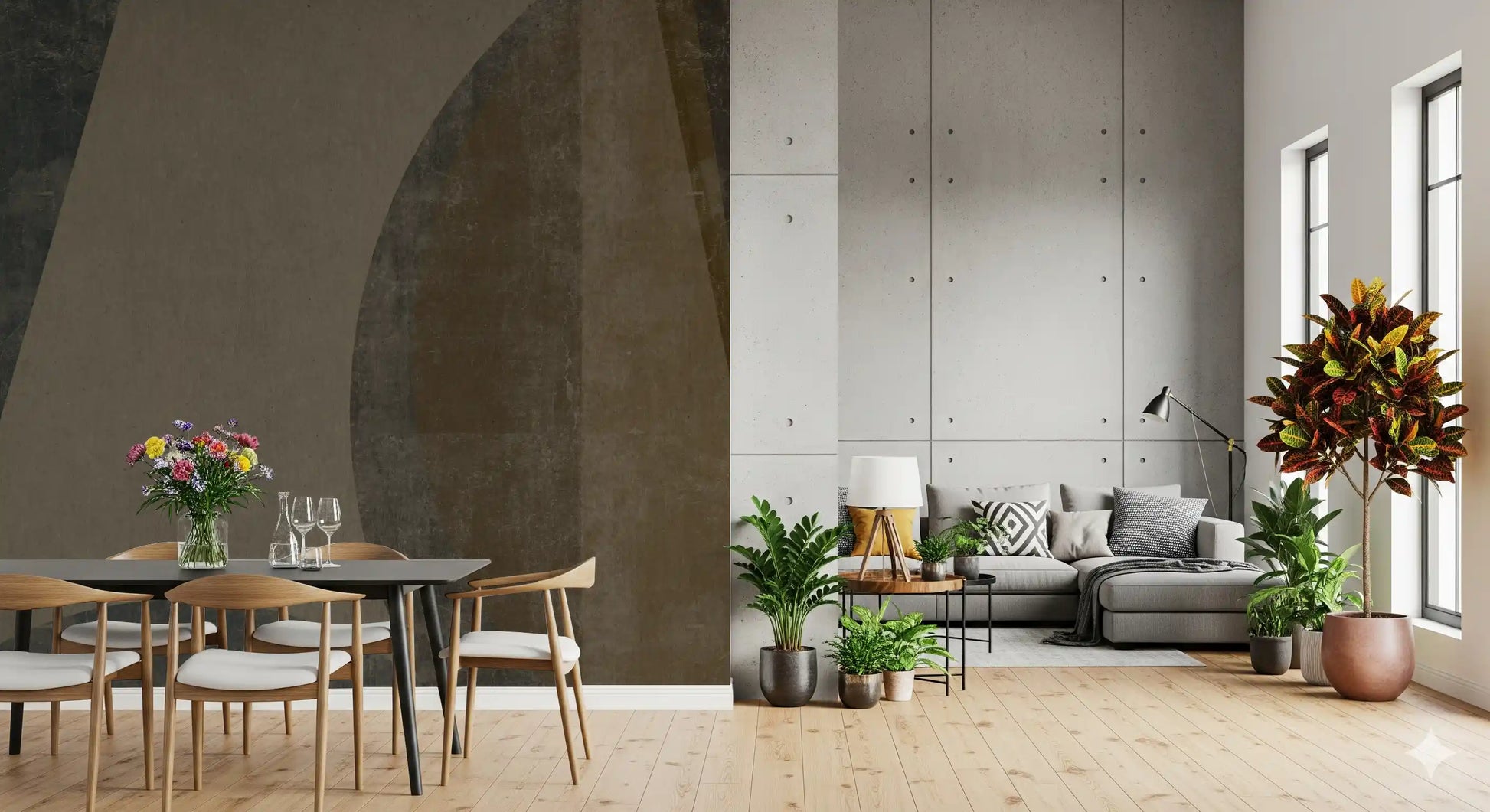 Sweeping arcs curve along a Living -dining area wall mural, GD10816