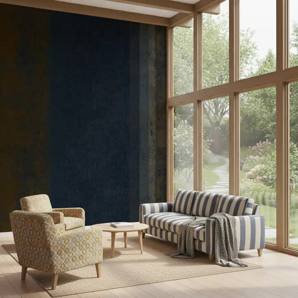 Deep navy stripes add height to a lounge in this Moody Earth wall mural GD10817
