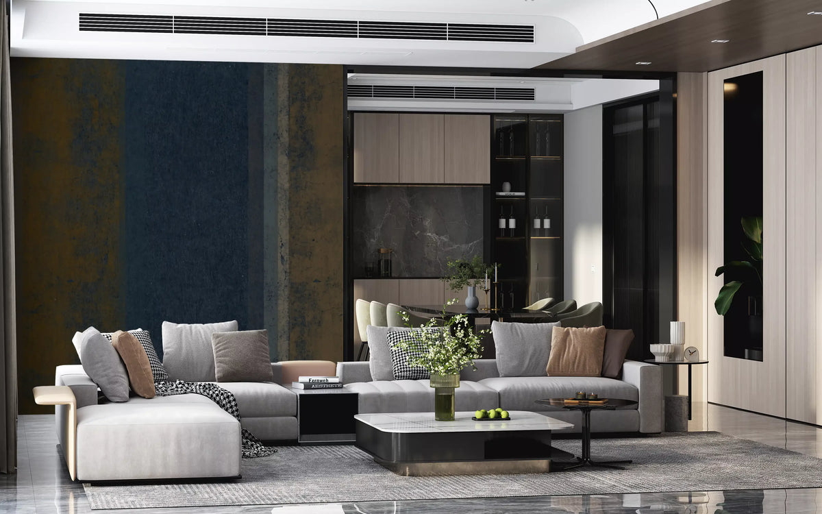 Rust and grey vertical bands frame a Living room through the textured wall mural GD10817