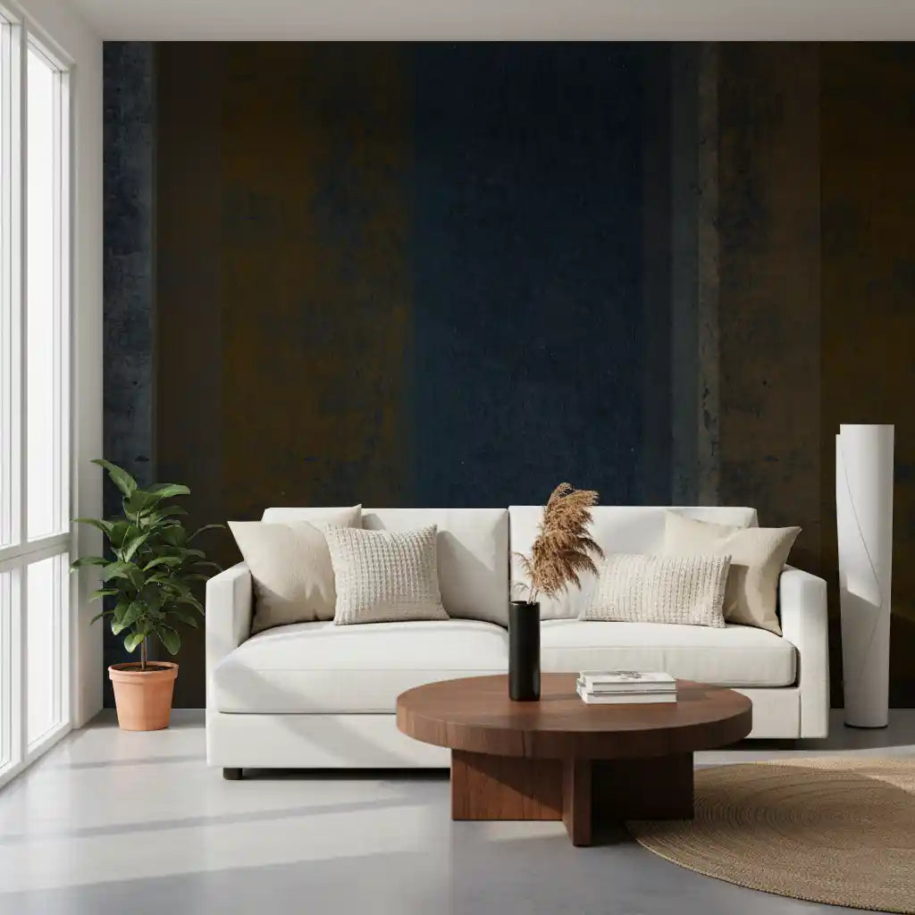Navy and rust vertical stripes lift a living room with this Iron wall mural GD10817
