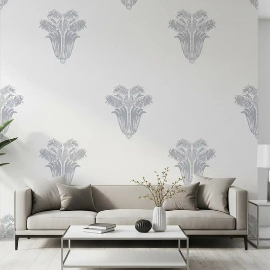 Even palm motifs wrap a Living room, Parisian Palm Crest wallpaper, GD10818