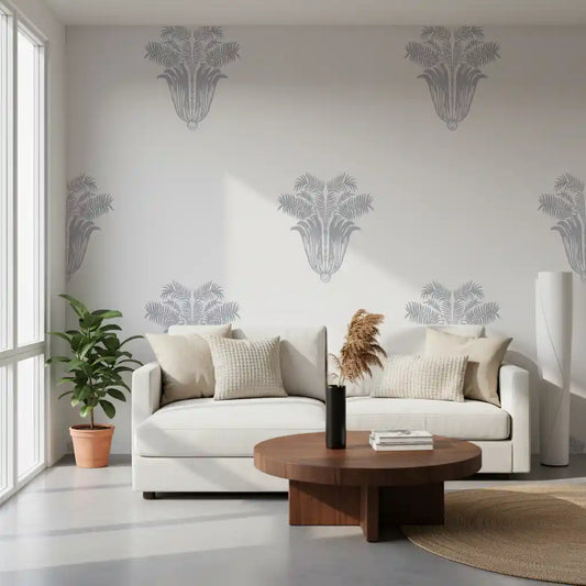 Grey palm crests fill a living room in the Minimalist Parisian wallpaper, GD10818