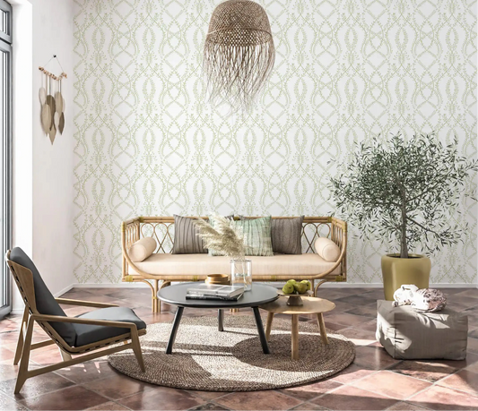 Living room freshened by the Sage Green Vines wallpaper GD10819