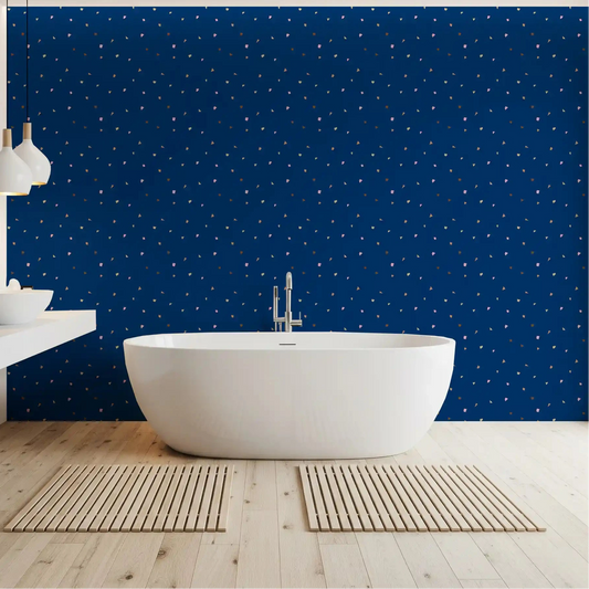 Navy speckle scatter wraps a bathroom, Confetti Terrazzo wallpaper, GD10823