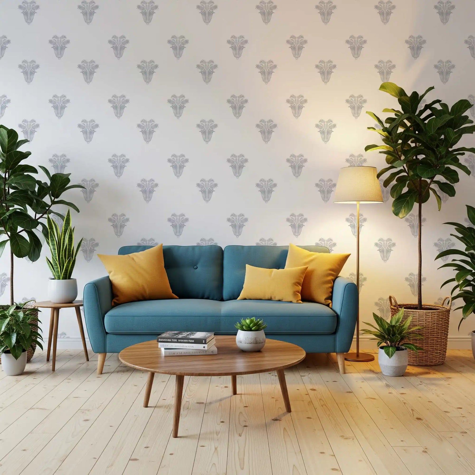 Gray palm motifs dot a calm living room in this neoclassical wallpaper, GD10825
