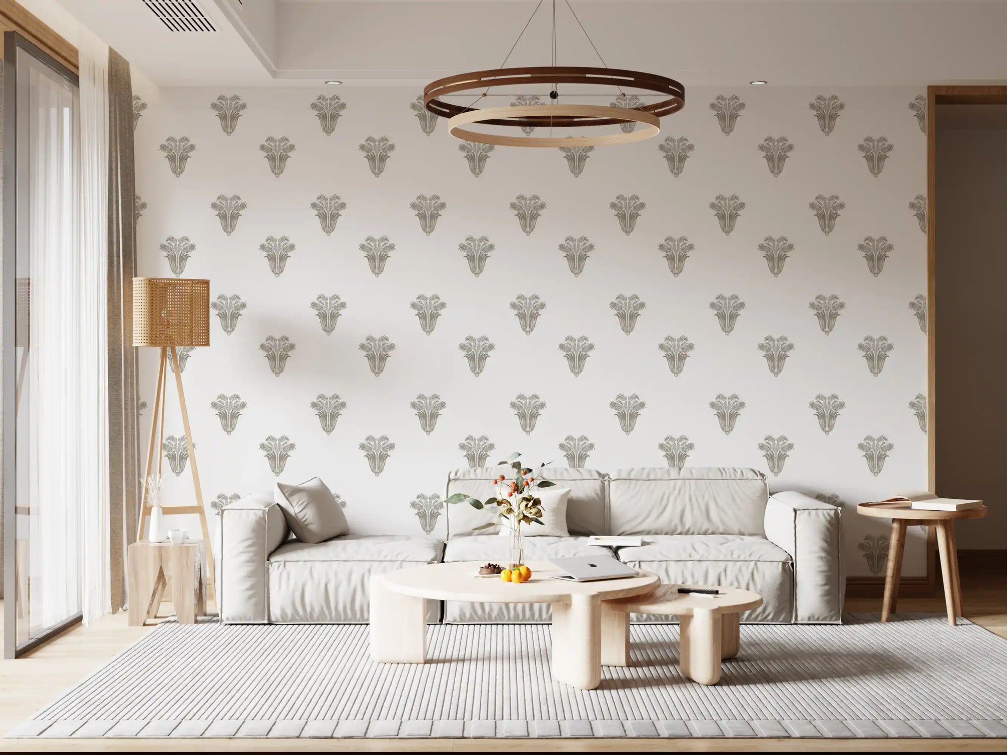 Taupe palm fronds dot a calm living room in this minimalist wallpaper, GD10826
