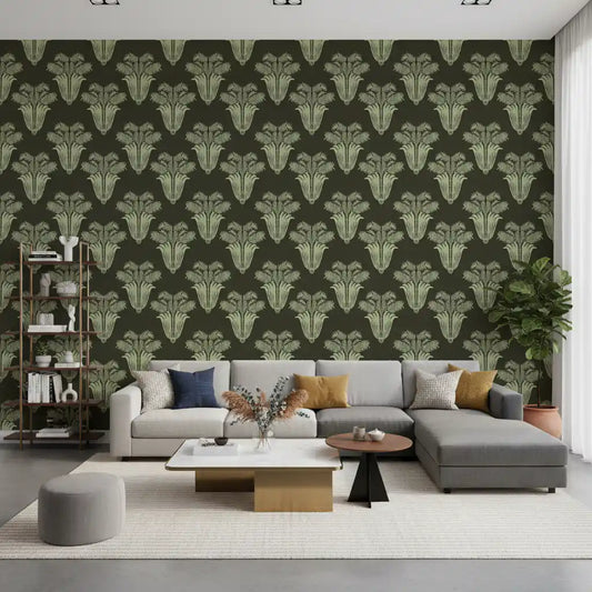Green palm damask wallpaper gives a living room a rich vintage mood GD10828
