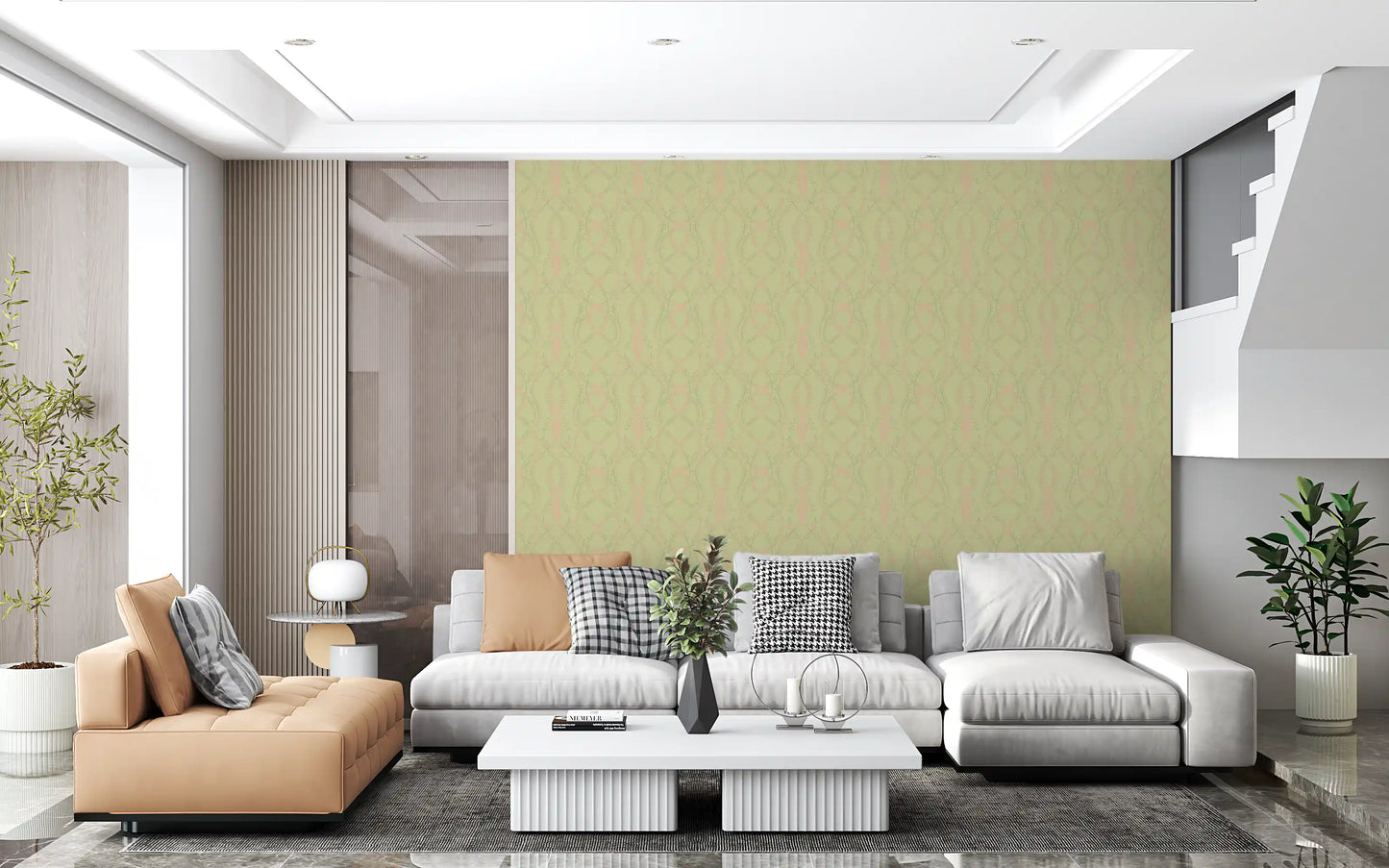 Soft Sage and Blush Pink Botanical Ogee Wallpaper Wallpaper⁠