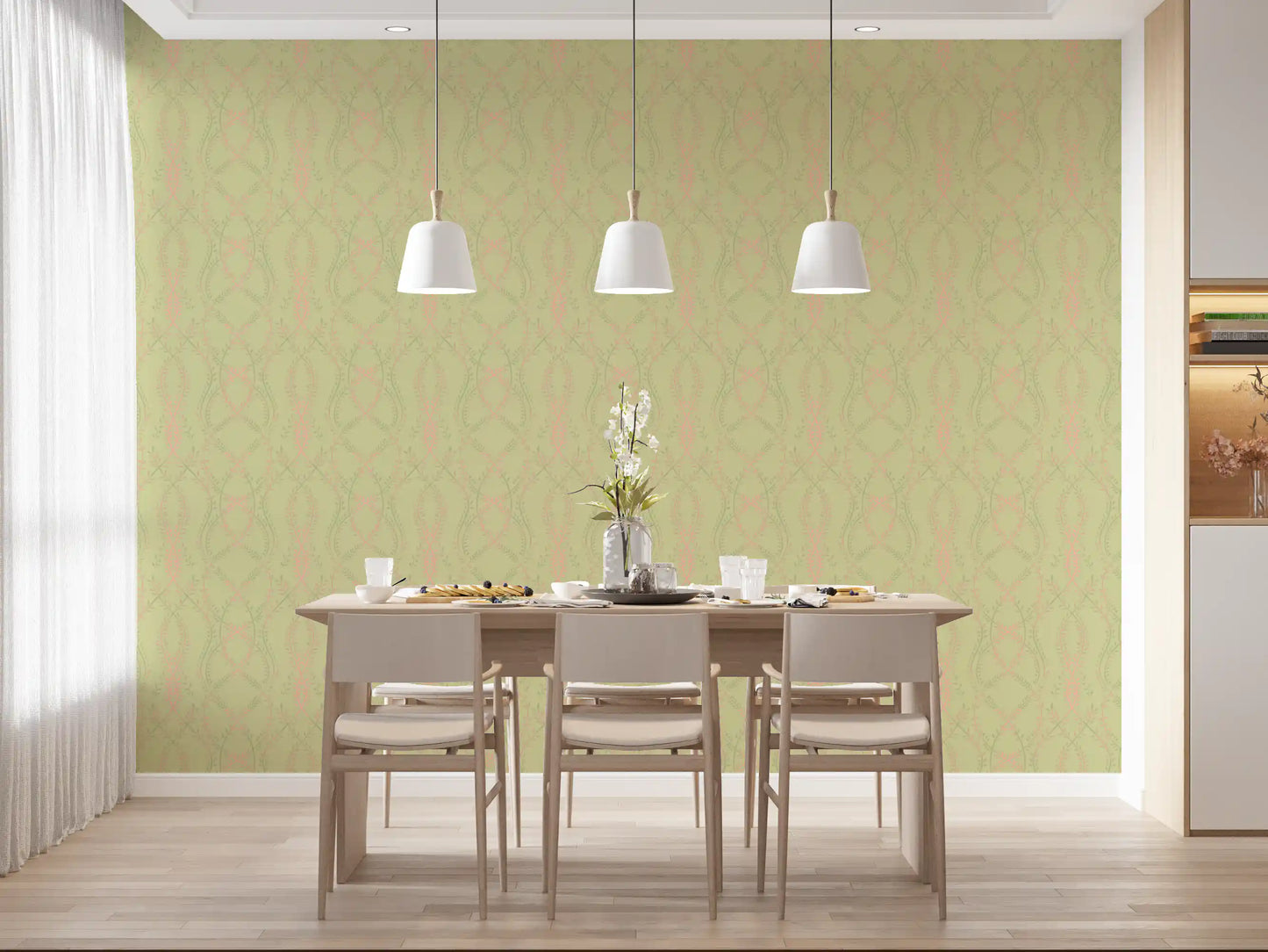 Soft Sage and Blush Pink Botanical Ogee Wallpaper Wallpaper⁠