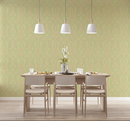 Blush and green vines climb a calm dining room in this ogee wallpaper, GD10831
