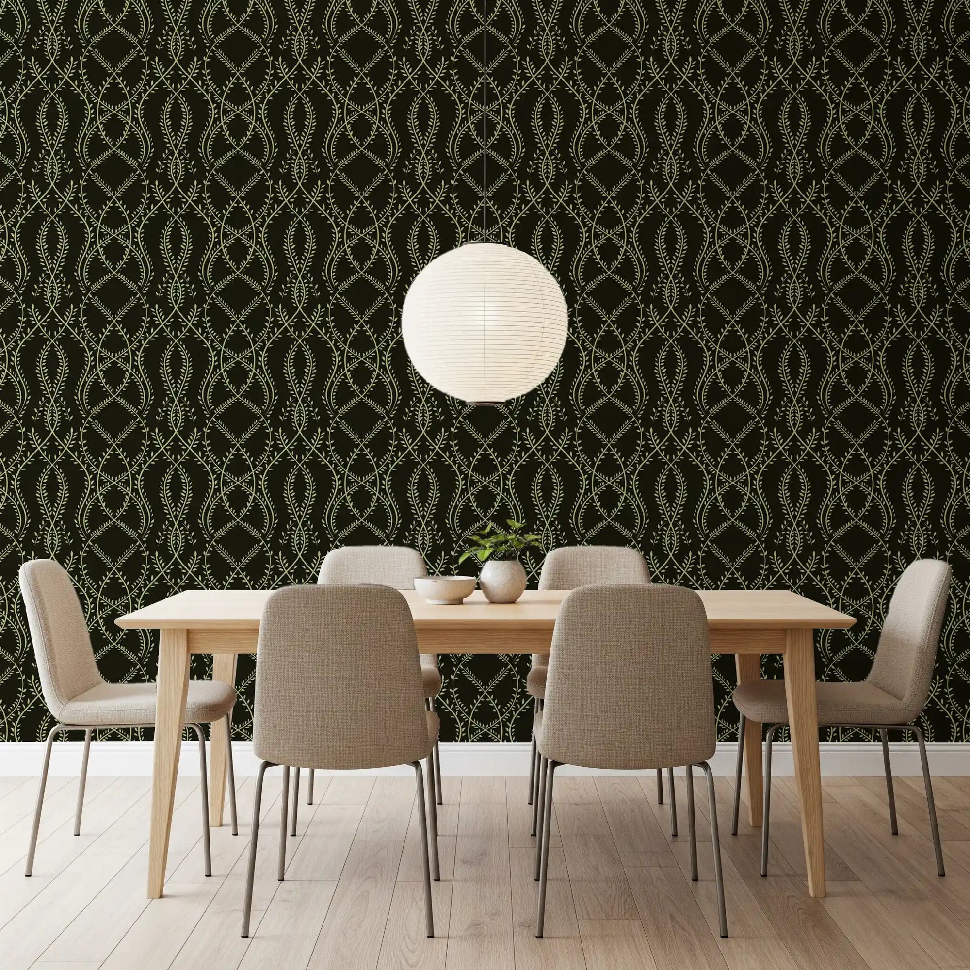 Sage vines fill a dining room in the Midnight Interlocking Vine wallpaper, GD10834
