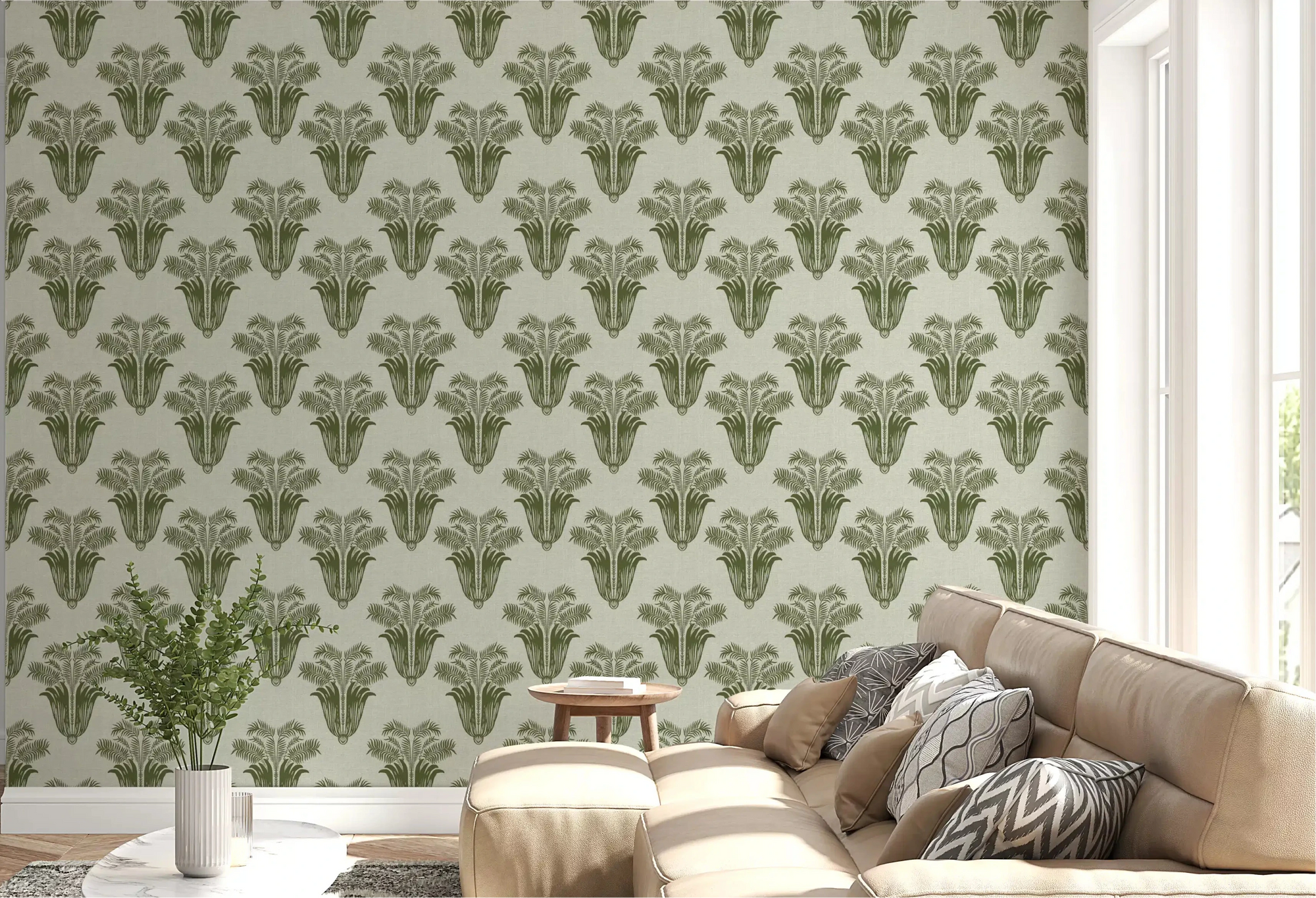 Living room set off by the Mediterranean Sage Palm wallpaper GD10835
