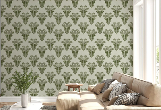 Living room set off by the Mediterranean Sage Palm wallpaper GD10835
