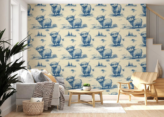 Blue toile Highland cow wallpaper in a calm open-plan living room GD10837

