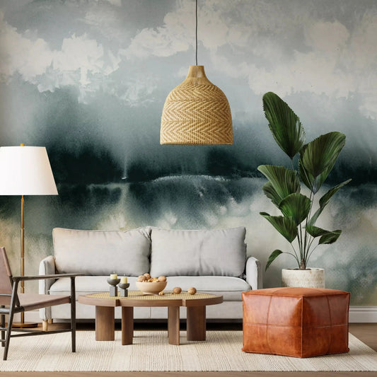 Hazy cloud landscape wall mural behind a restful Living room setting, GD10849
