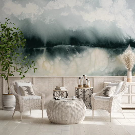 Grey and cream water tones wrap a living room Serene Waterside Mist wall mural GD10850