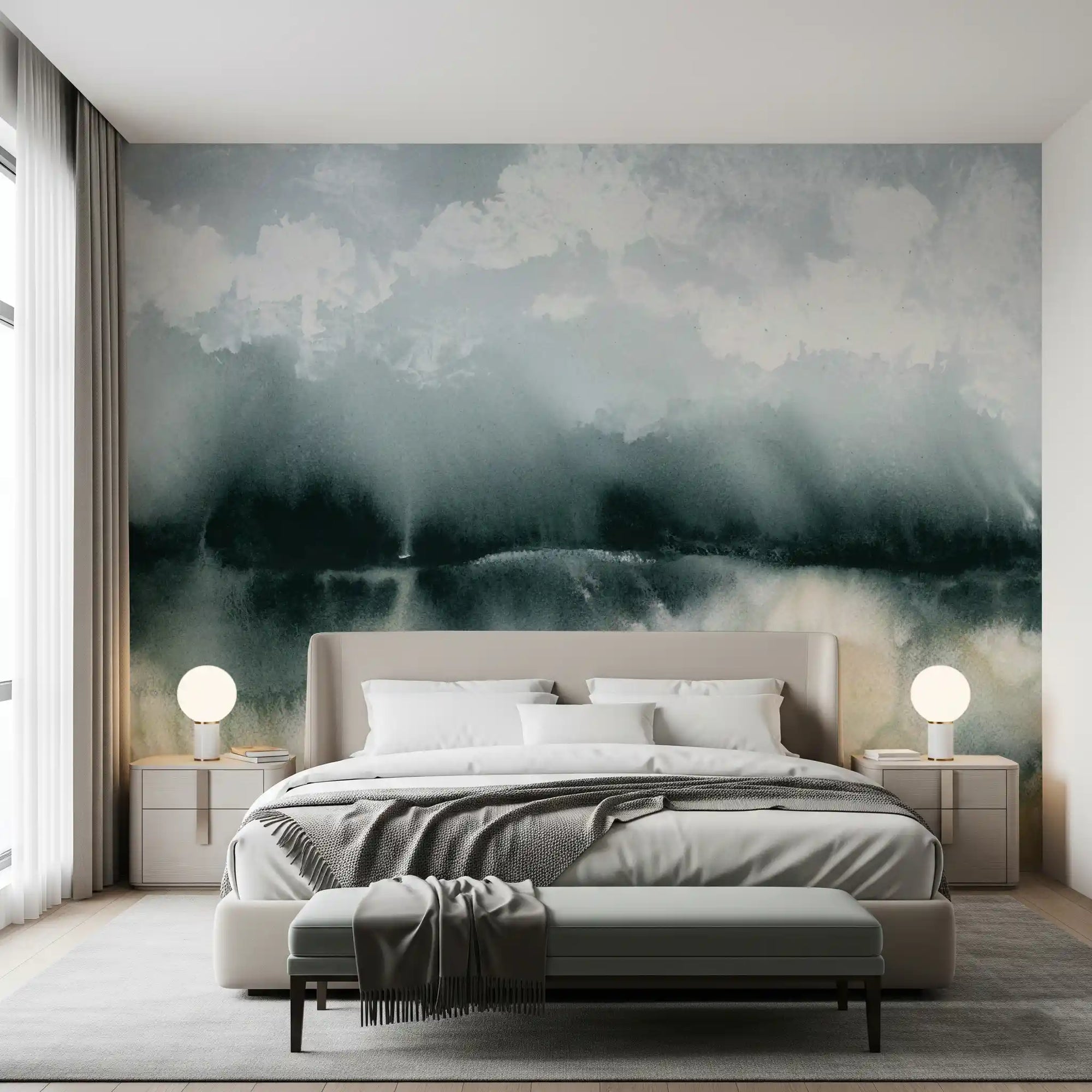 Misty cloud haze settles over a bedroom in the Serene Waterside wall mural GD10850