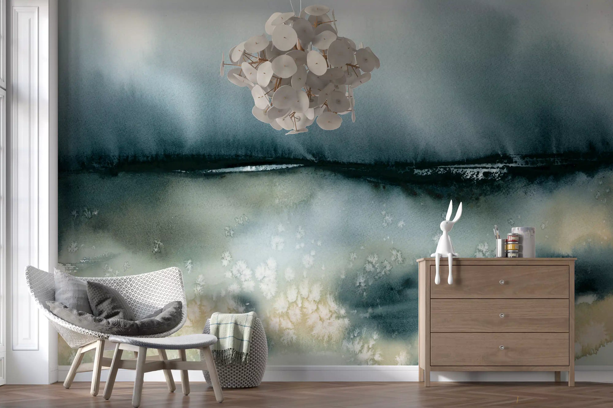 Watercolor cloud meadow wall mural calming an airy living room GD10851
