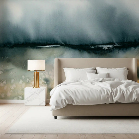 Misty blue meadow wall mural lending calm to a restful bedroom GD10851
